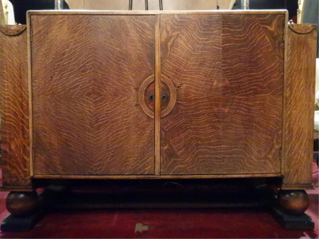 1930's ART DECO OAK BUFFET CABINET, 2 DOORS FLANKED BY (1 of 8)