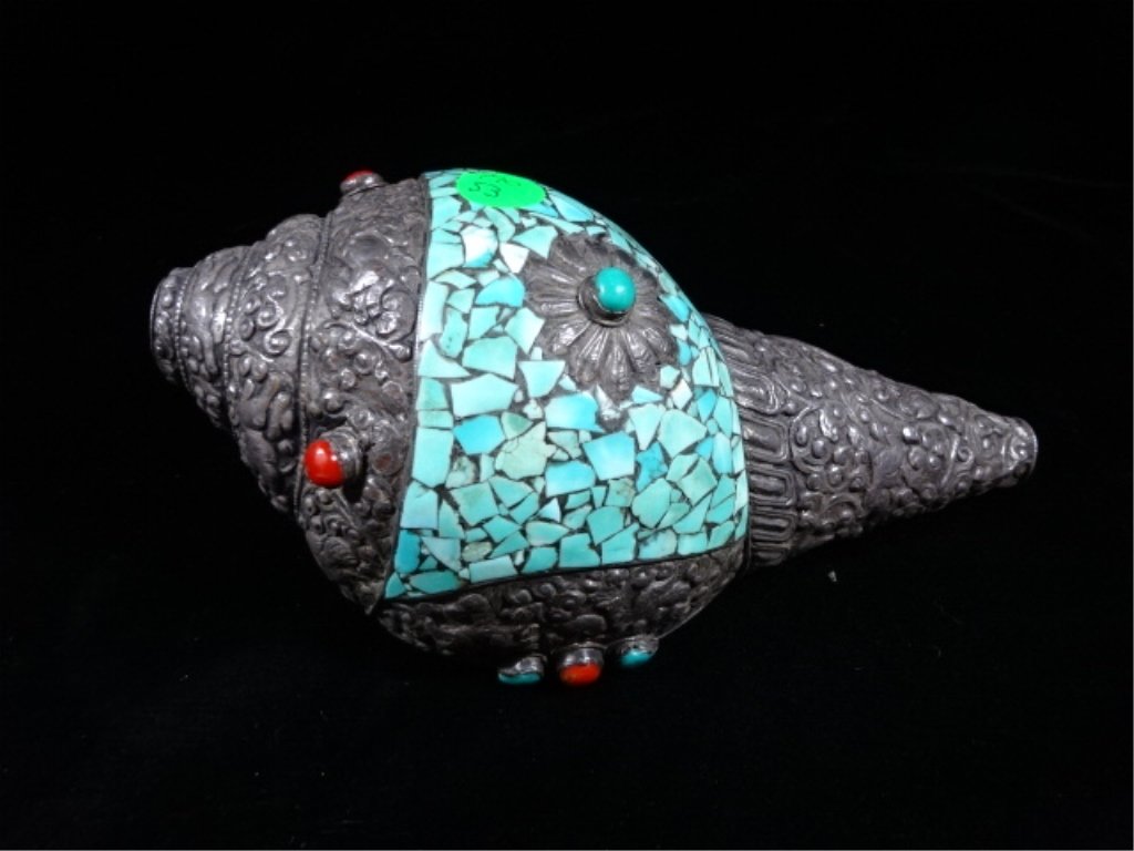 LARGE EMBOSSED METAL AND TURQUOISE SEASHELL, EMBOSSED (1 of 6)