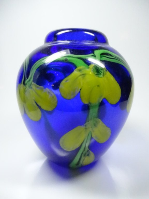 COBALT BLUE GLASS VASE WITH YELLOW FLORAL DESIGN, (1 of 4)