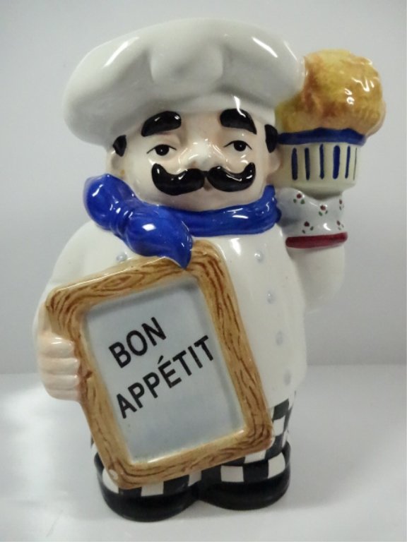 CERAMIC VASE, CHEF WITH BON APPETIT SIGN, APPROX 7.75"H: CERAMIC VASE, CHEF WITH BON APPETIT SIGN, APPROX 7.75"H