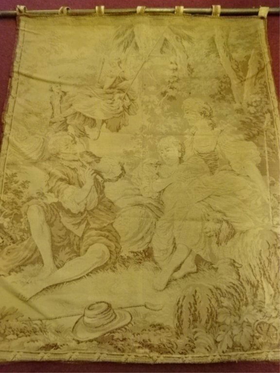 LARGE 18TH CENTURY STYLE TAPESTRY ON METAL HANGING ROD, (1 of 6)