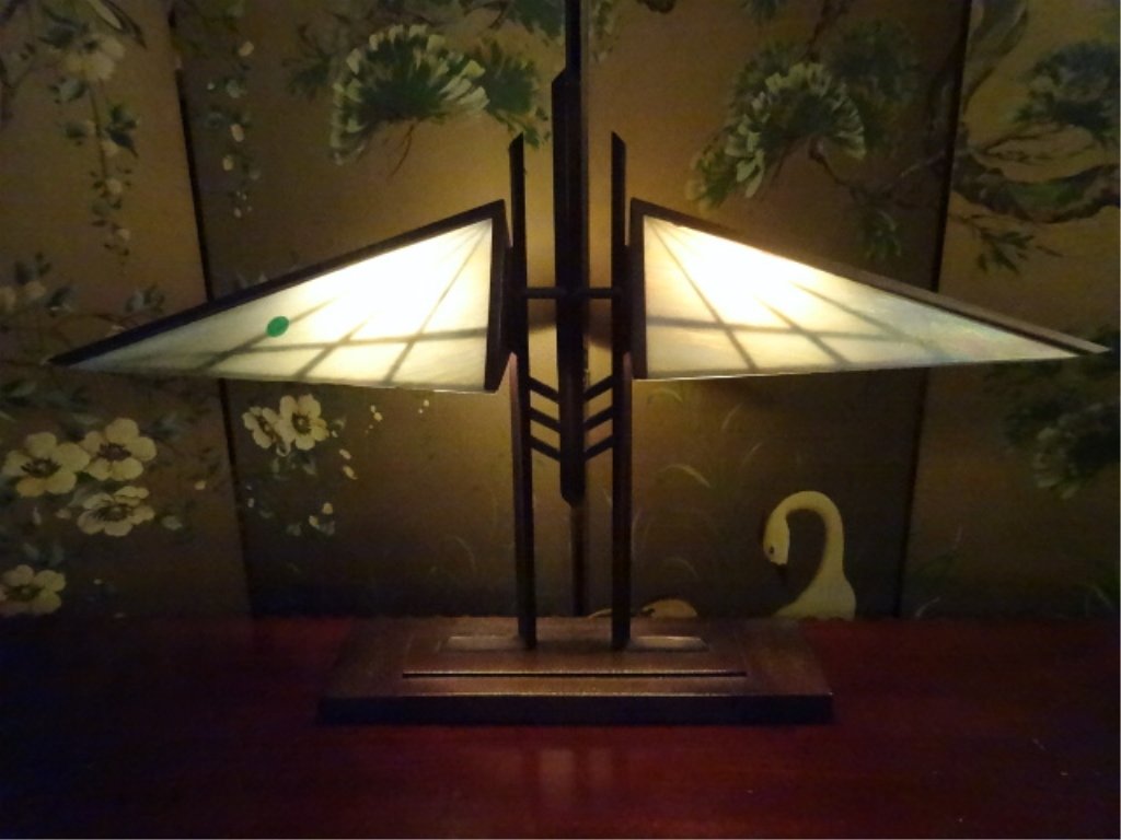 ARTS AND CRAFTS STYLE SLAG GLASS LAMP TRIANGULAR SHADE, (1 of 10)