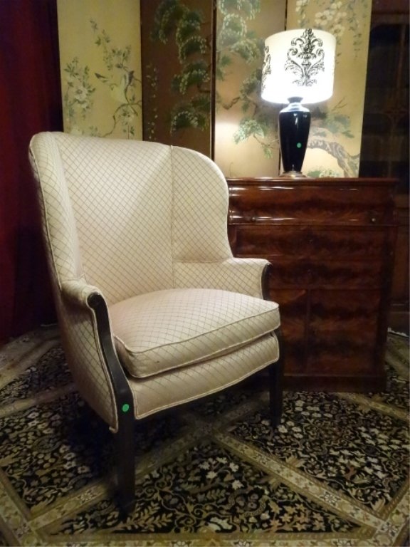 UPHOLSTERED WING CHAIR, PALE GOLD/BEIGE PATTERNED (1 of 8)