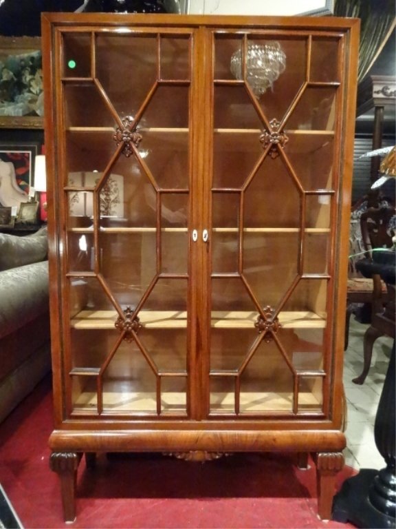 WOOD FRETWORK CABINET WITH 2 GLAZED DOORS, BONE: WOOD FRETWORK CABINET WITH 2 GLAZED DOORS, BONE ESCUTCHEONS, EXCELLENT VINTAGE CONDITION, 52"H X 36"W X 14"D, SKU764.02