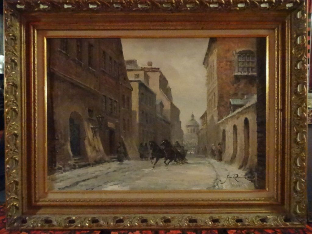 JAN RAWICZ OIL ON CANVAS PAINTING, WARSAW CITY SCENE: JAN RAWICZ OIL ON CANVAS PAINTING, WARSAW CITY SCENE WITH HORSE DRAWN CARRIAGE, PROVENANCE VAN PELT GALLERIES, SIGNED LOWER RIGHT, FRAMED SIZE 27" X 21", CANVAS SIZE 22" X 16". SKU791.02