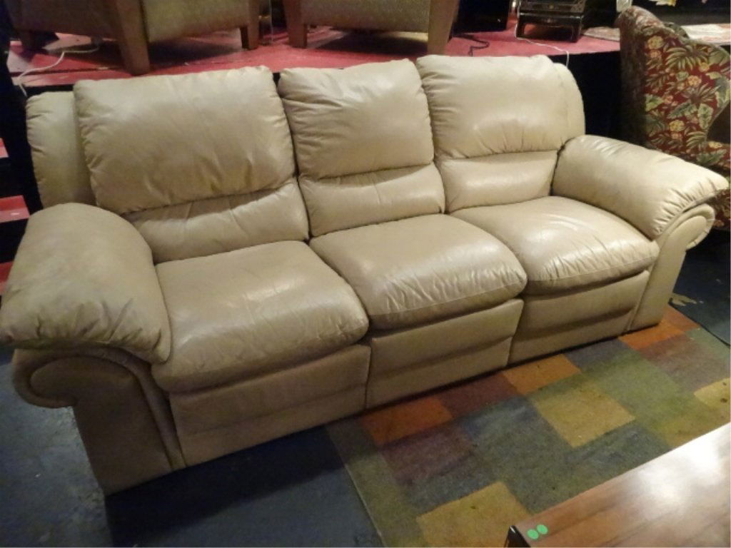 BEIGE LEATHER DUAL RECLINER SOFA, VERY GOOD OVERALL (1 of 5)