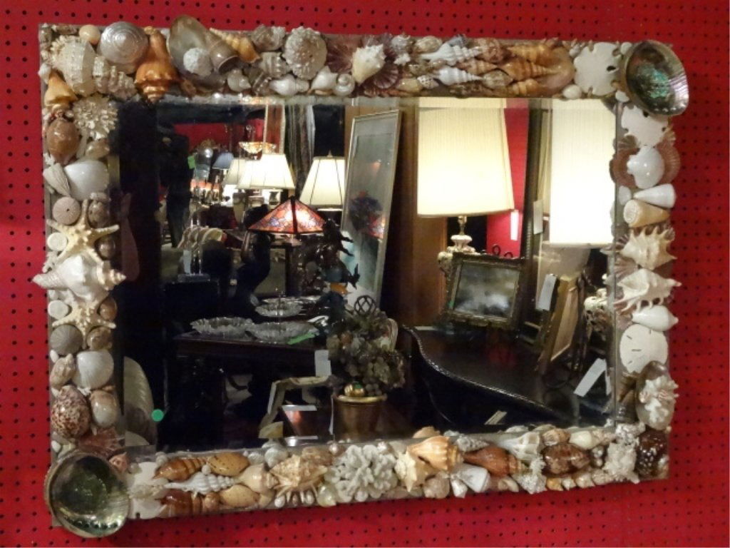LARGE NATURAL SEASHELL FRAME MIRROR, WOOD FRAME WITH (1 of 6)
