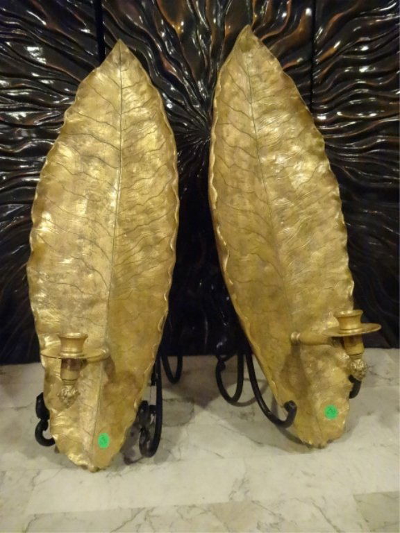 PAIR LARGE LEAF FORM WALL SCONCES, GOLD FINISH METAL (1 of 6)