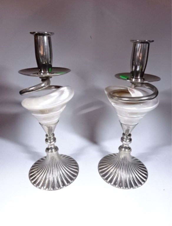 PAIR SEASHELL AND METAL CANDLE HOLDERS, SILVER FINISH, (1 of 4)