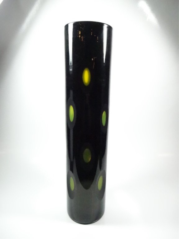 TALL CYLINDRICAL VASE, BLACK CUT TO GREEN, APPROX (1 of 7)