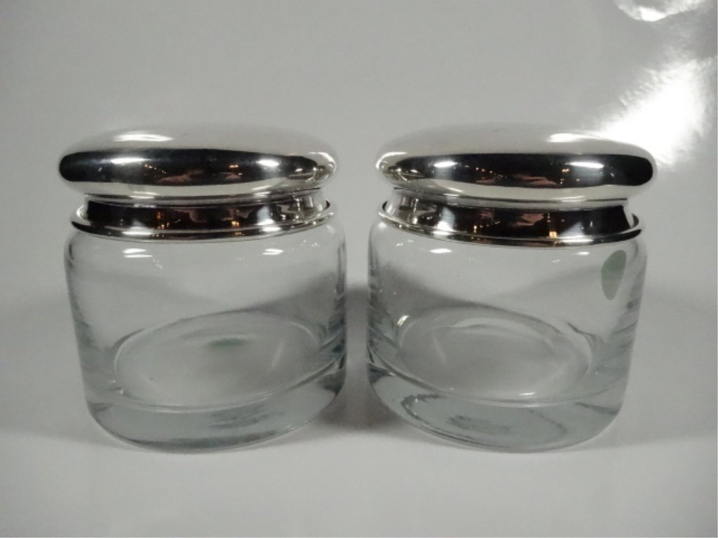 PAIR COVERED GLASS CANISTERS, APPROX 4"H: PAIR COVERED GLASS CANISTERS, APPROX 4"H