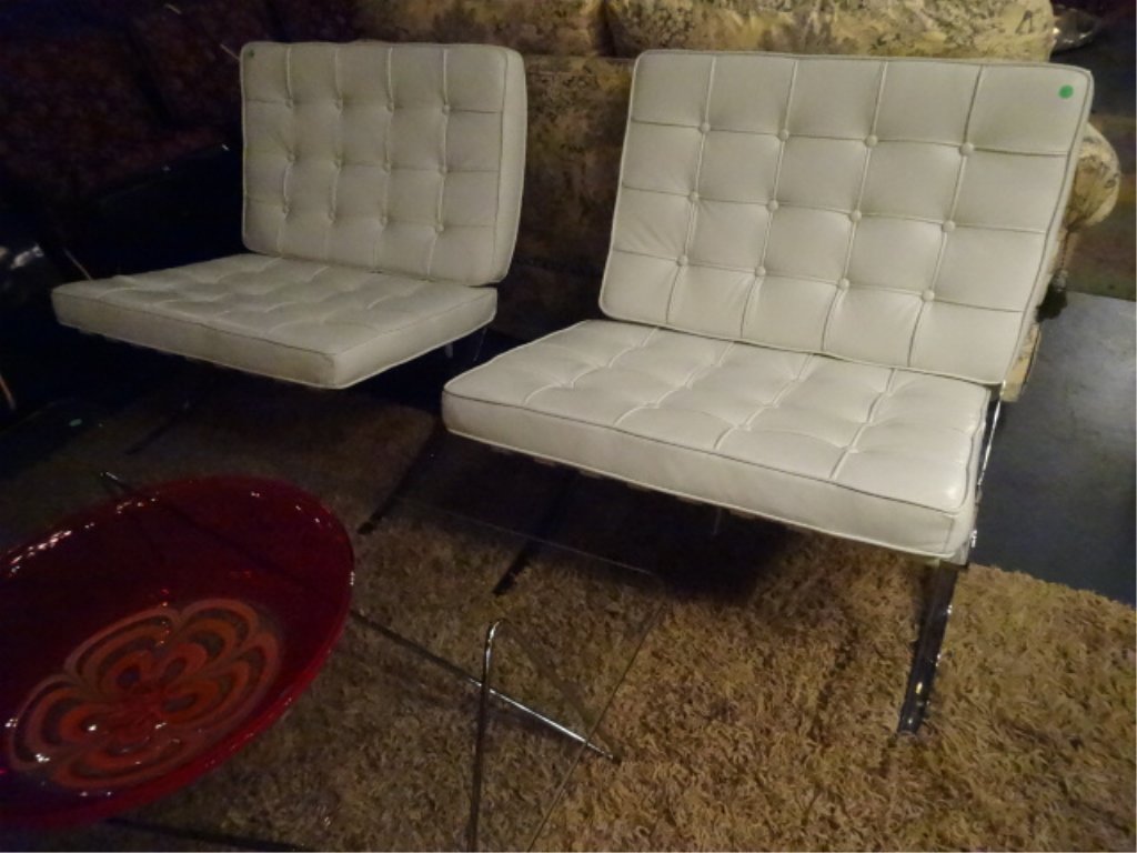 PAIR WHITE LEATHER BARCELONA STYLE CHAIRS, #2 OF TWO (1 of 5)
