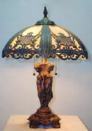TIFFANY STYLE STAINED LEADED GLASS LAMP, 3 GRACES BASE,: TIFFANY STYLE STAINED LEADED GLASS LAMP, 3 GRACES BASE, BENT GLASS, BY SPLENDOR LIGHTING, METAL BASE, NEW WITH ORIGINAL BOX FOR SHIPPING, APPROX 18"H