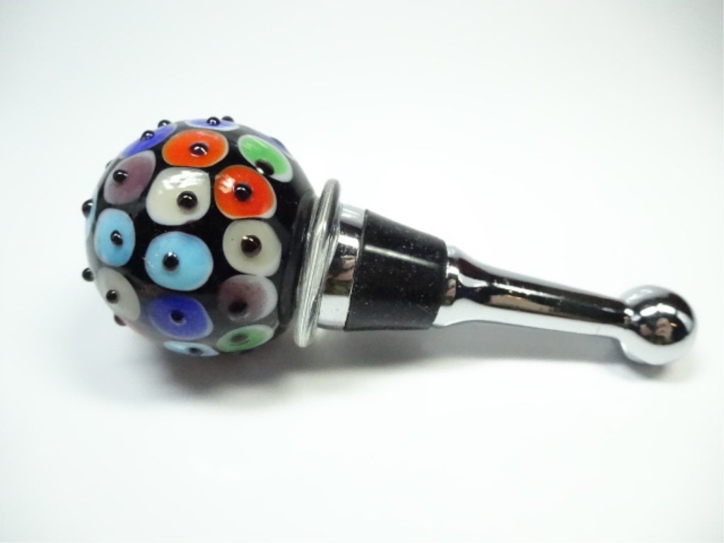 MURANO STYLE ART GLASS WINE BOTTLE STOPPER, GLOBE TOP,: MURANO STYLE ART GLASS WINE BOTTLE STOPPER, GLOBE TOP, APPROX 4"L, MURANO CRISTALLERIA D'ARTE ON BOX