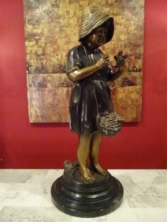 BRONZE SCULPTURE, GIRL WITH SMALL BIRD, ON ROUND MARBLE (1 of 8)