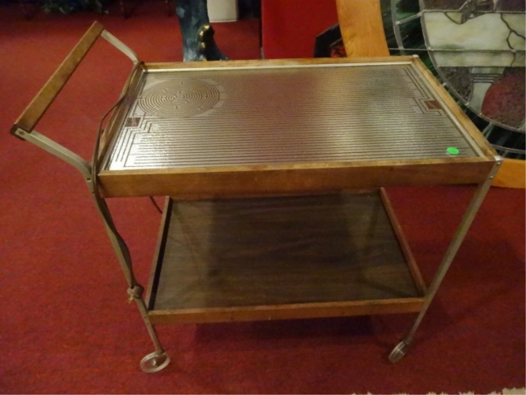 MID CENTURY SALTON HOTRAY ELECTRIC CART, HEATED TOP,: MID CENTURY SALTON HOTRAY ELECTRIC CART, HEATED TOP, WOOD LOWER TRAY, ON WHEELS, WITH FABRIC COVERED (NOT PICTURED), EXCELLENT GENTLY USED VINTAGE CONDITION, 32.25ÊºW X 17.25ÊºD X 31ÊºH, SKU783.
