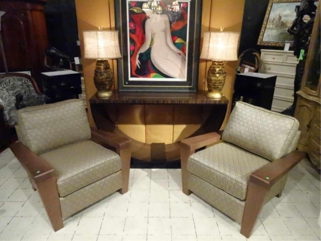 PAIR THAYER COGGIN MODERN ARMCHAIRS, WOOD ARMS IN (1 of 9)