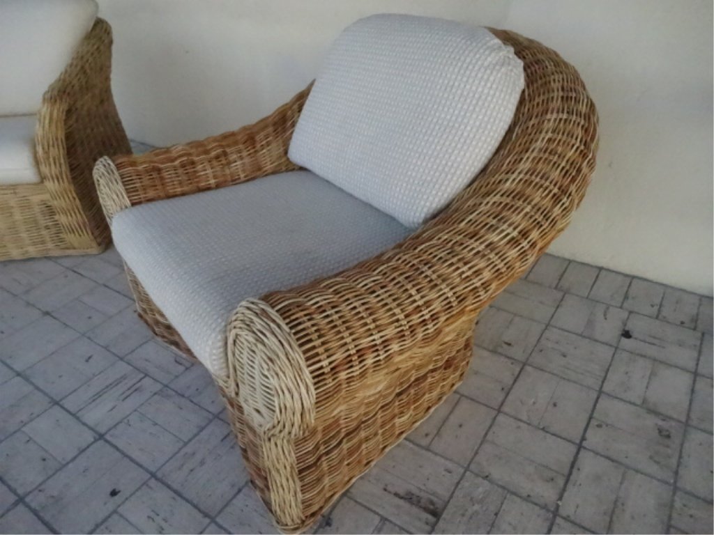 RATTAN ARMCHAIR, BEIGE CUSHIONS, VERY GOOD GENTLY USED: RATTAN ARMCHAIR, BEIGE CUSHIONS, VERY GOOD GENTLY USED CONDITION, ROLL ARMS, SKU797.02