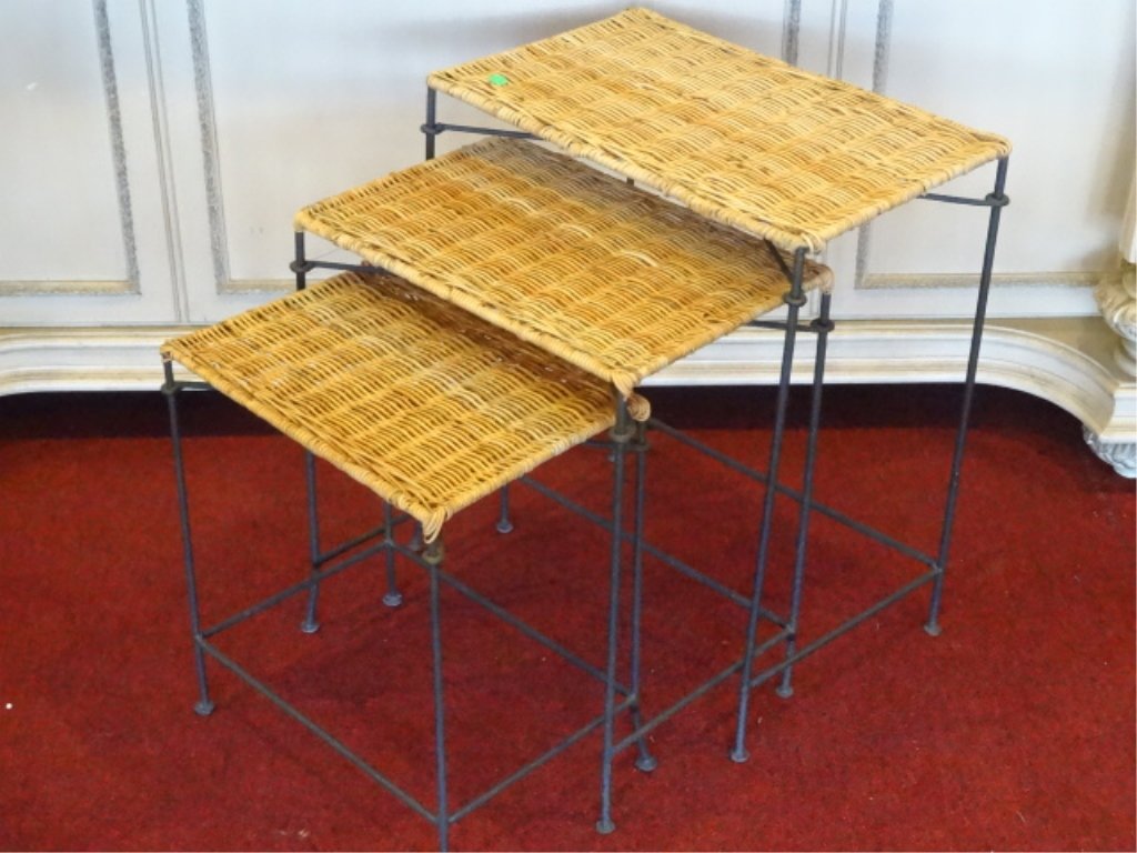 3 PC STACKING TABLE SET, RATTAN AND METAL, VERY GOOD (1 of 3)