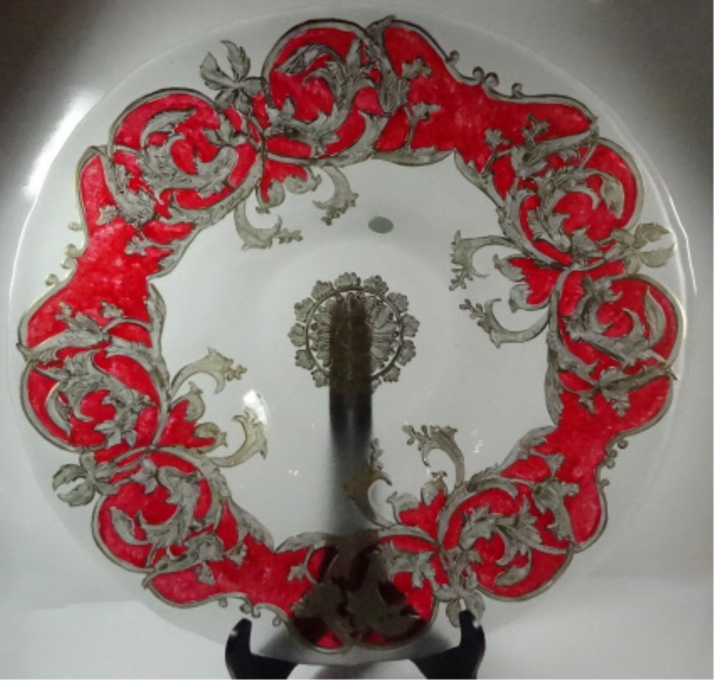 HUGE CENTERPIECE BOWL, PAINTED RED & GOLD DESIGN, STAND (1 of 7)