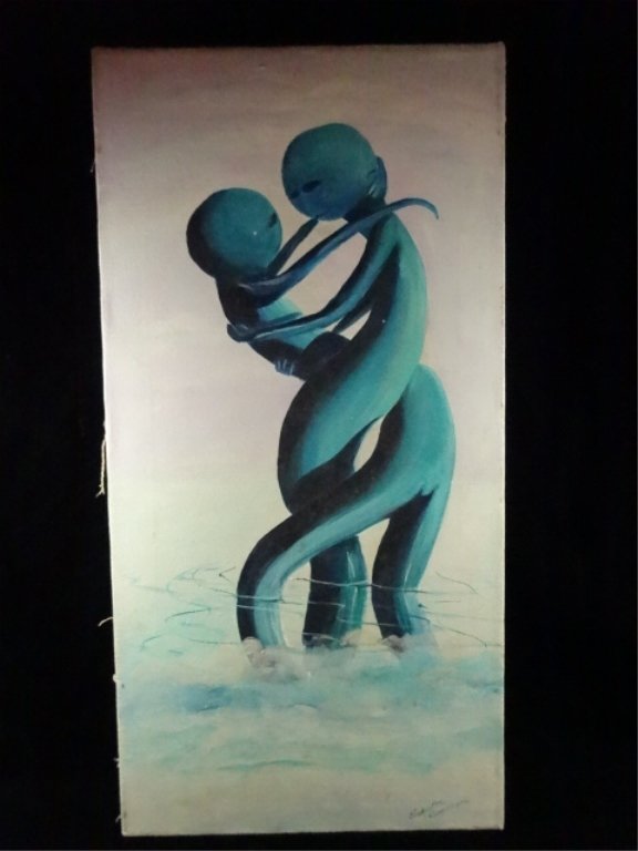 SALVATORE CAMPAGNA PAINTING ON CANVAS, ALIEN LOVERS,: SALVATORE CAMPAGNA PAINTING ON CANVAS, ALIEN LOVERS, SIGNED LOWER RIGHT, APPROX 24" X 12" GALLERY WRAPPED, SKU788.106 RW45 1606