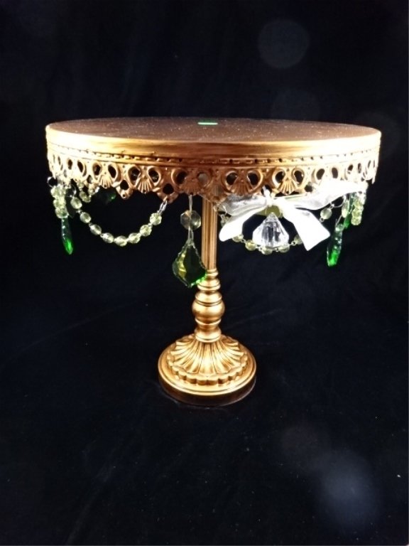 ORNATE METAL PEDESTAL CAKE PLATE, WITH CRYSTAL SWAGS (1 of 2)