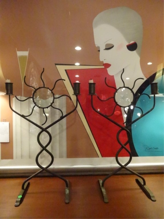 PAIR METAL CANDLE HOLDERS, SUN DESIGN WITH GLASS INSET, (1 of 6)