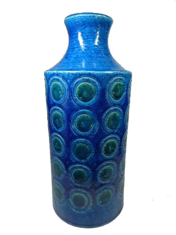MID CENTURY ITALIAN POTTERY VASE, RIMINI BLUE, ALDO: MID CENTURY ITALIAN POTTERY VASE, RIMINI BLUE, ALDO LONDI FOR BITOSSI CIRCLES, WITH ROSENTHAL NETTER LABEL, MADE IN ITALY, APPROX 12"H