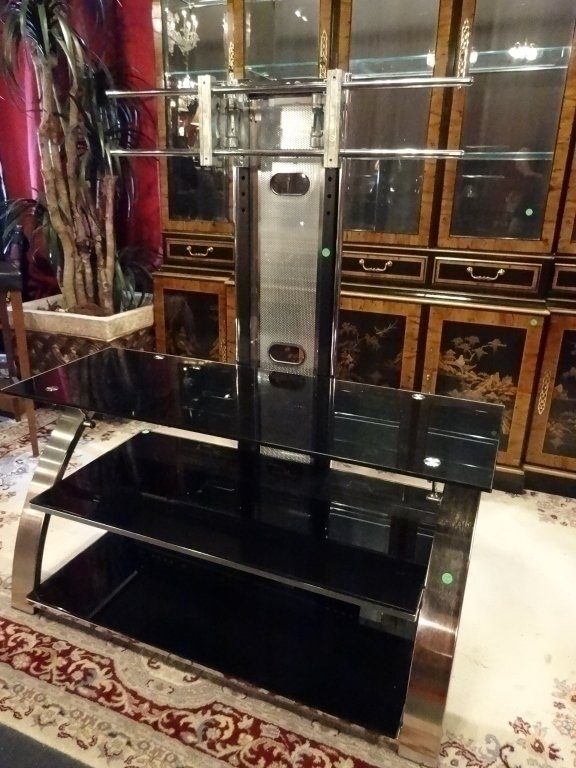 BRUSHED STEEL AND BLACK GLASS ENTERTAINMENT CONSOLE, (1 of 6)