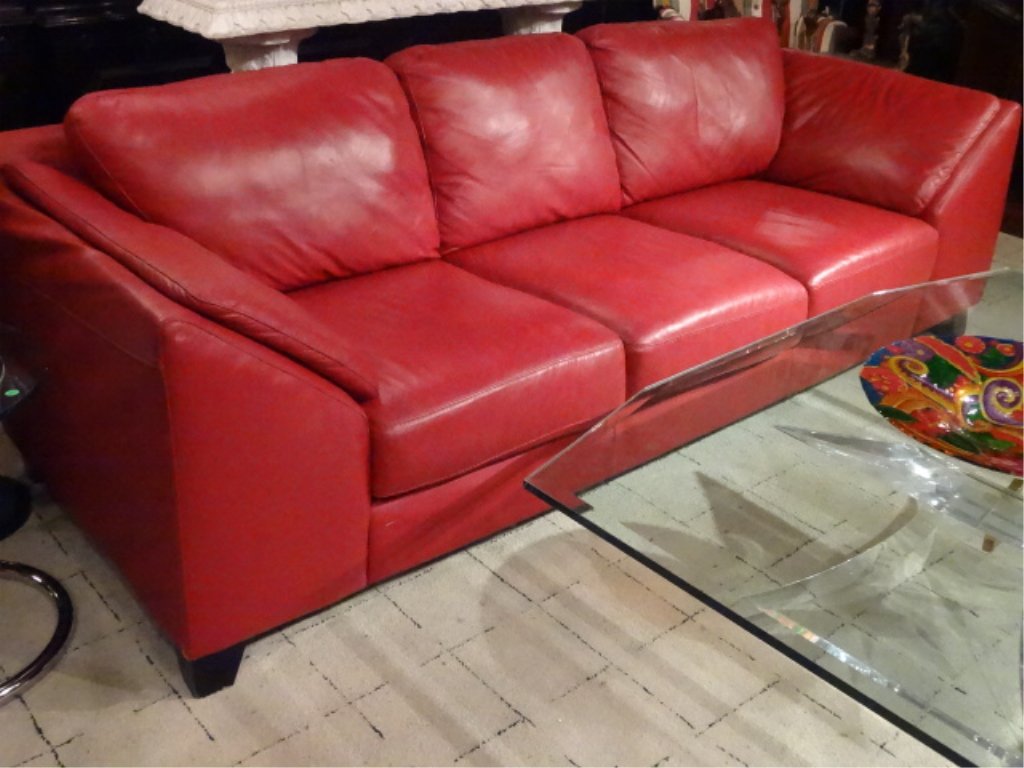 MODERN DESIGN RED LEATHER SOFA, VERY GOOD GENTLY USED (1 of 6)