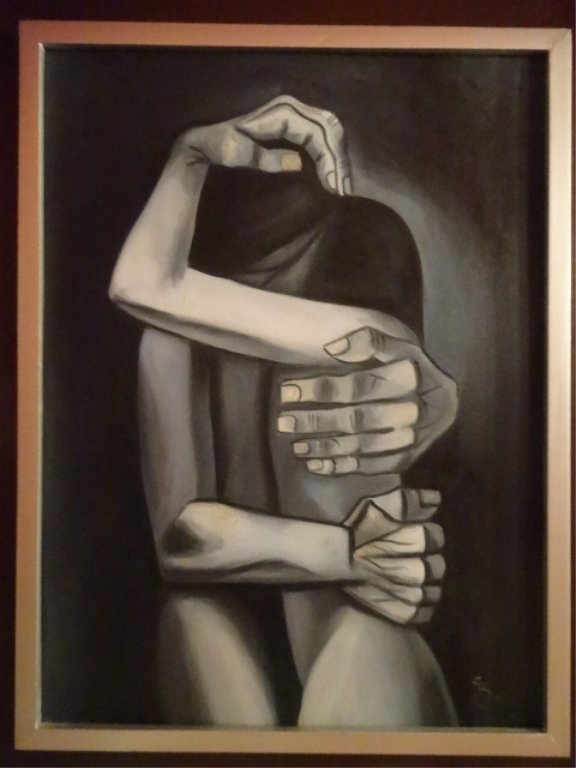 OIL ON CANVAS PAINTING, CUBIST NUDE COUPLE, IN SILVER: OIL ON CANVAS PAINTING, CUBIST NUDE COUPLE, IN SILVER FRAME, SIGNED LOWER RIGHT, 33"H X 27"W, SKU788.108 RW45 1678