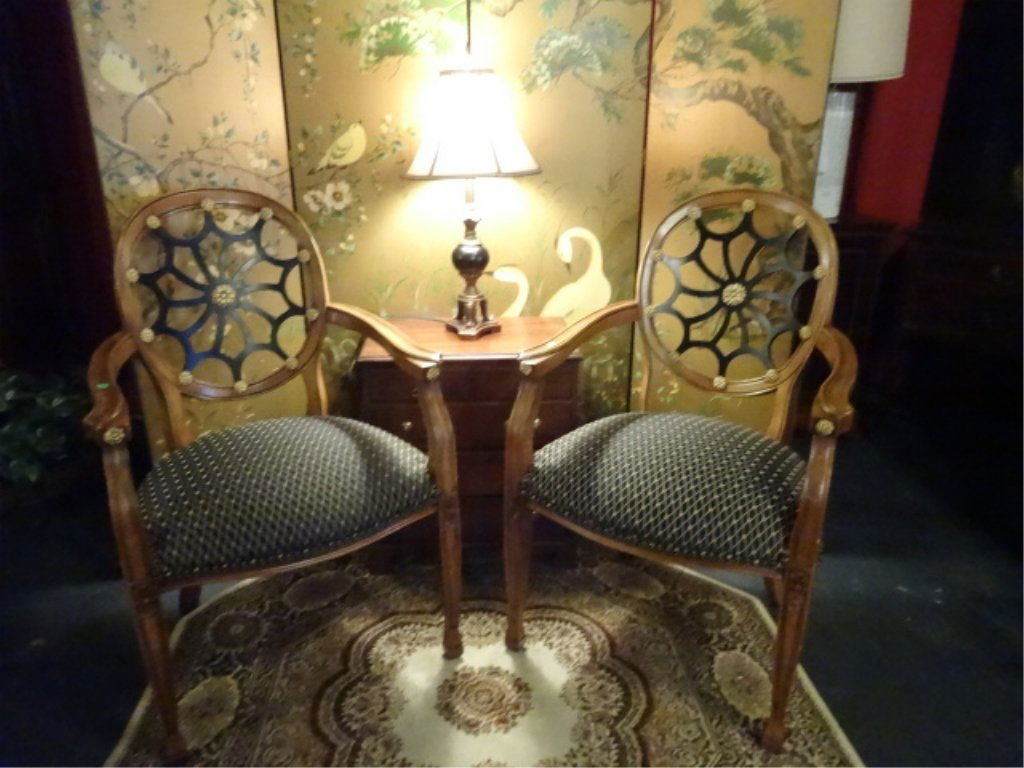 PAIR SPIDER WEB BACK ARMCHAIRS, GOLD ACCENTS, (1 of 8)