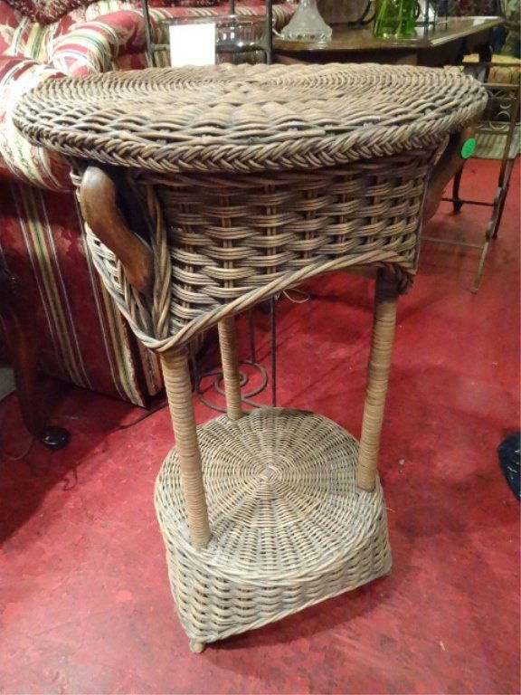 RATTAN AND WOOD SIDE TABLE, 2 TIERS, VERY GOOD (1 of 3)