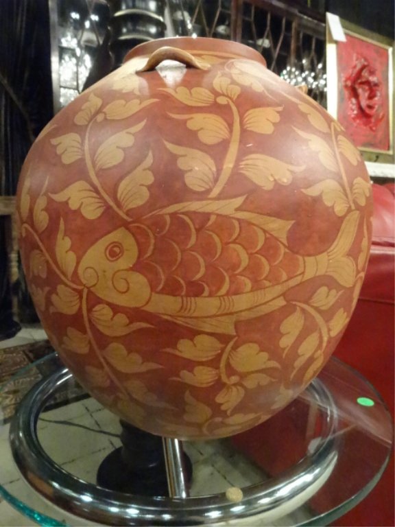 LARGE POTTERY URN, FISH AND FOLIATE DESIGNS, UNSIGNED, (1 of 5)