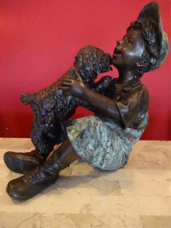 LARGE BRONZE SCULPTURE, BOY WITH PUPPY, 22" X 20", (1 of 6)