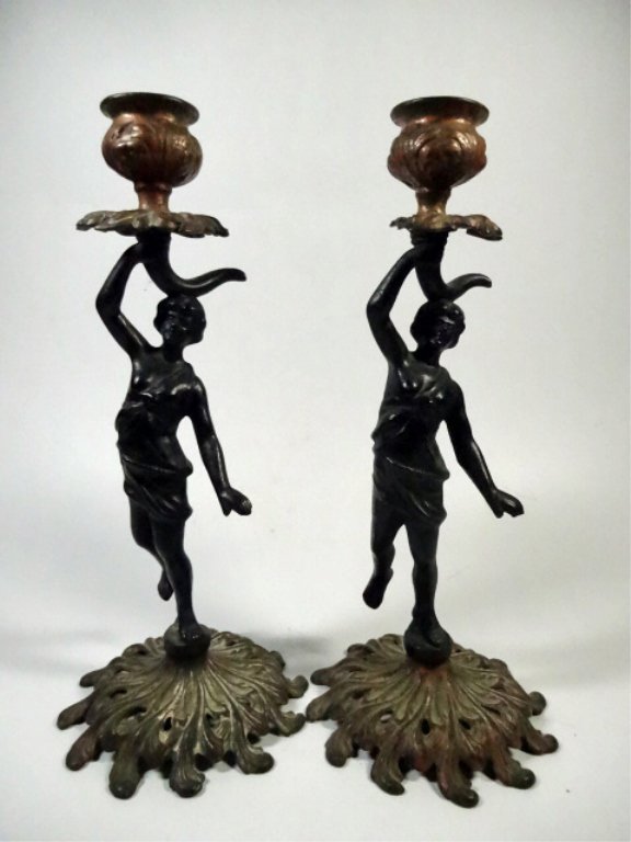 PAIR METAL CANDLE HOLDERS, NUBIAN STYLE, DAMAGE TO TOP (1 of 8)
