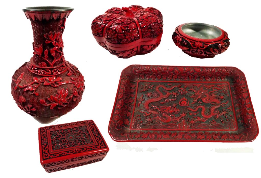 5 PC CINNABAR STYLE GROUP, INCLUDES VASE APPROX 7"H, (1 of 10)