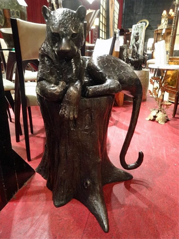 LARGE BRONZE SCULPTURE, PANTHER ON TREE STUMP, 35"H, (1 of 4)