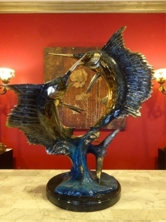 LARGE PATINATED BRONZE 2 SAILFISH SCULPTURE, ON MARBLE (1 of 8)