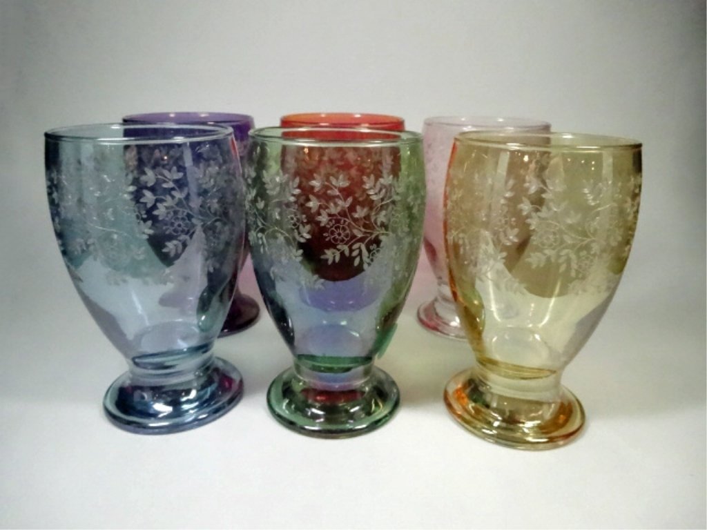 6 ETCHED CRYSTAL GLASSES, PURPLE, BLUE, RED, GREEN, (1 of 8)