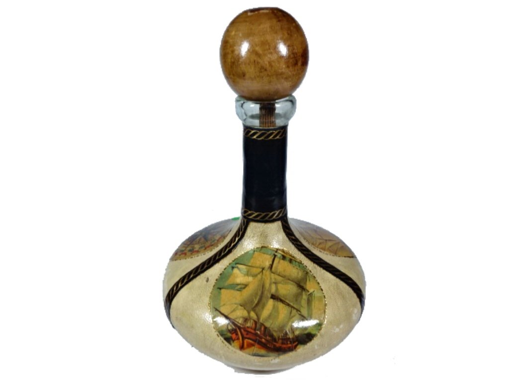 LEATHER WRAPPED GLASS DECANTER, SHIP DESIGNS, EXCELLENT (1 of 5)