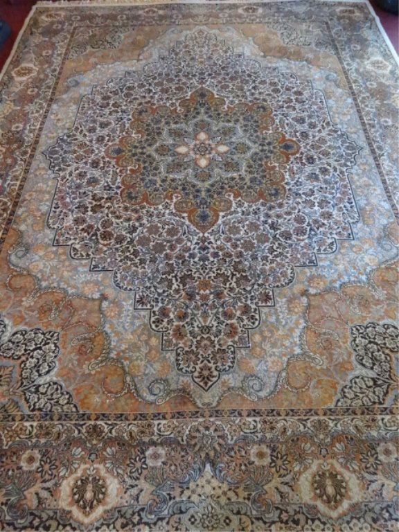 LARGE PERSIAN STYLE WOOL RUG, TAN, PALE BLUE, IVORY AND (1 of 6)