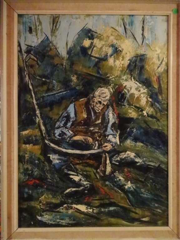 RADCLIFF SIGNED OIL ON CANVAS PAINTING, MAN MENDING: RADCLIFF SIGNED OIL ON CANVAS PAINTING, MAN MENDING FISHING NET, SIGNED AND DATED 1966 LOWER RIGHT, OVERALL GOOD CONDITION WITH A FEW SMALL HOLES IN CANVAS (SEE PHOTOS) , FRAMED SIZE 31" X 23", SKU788