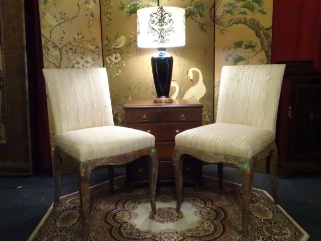 PAIR FRENCH STYLE CHAIRS BY INTERIOR CRAFTS, RAW SILK (1 of 9)