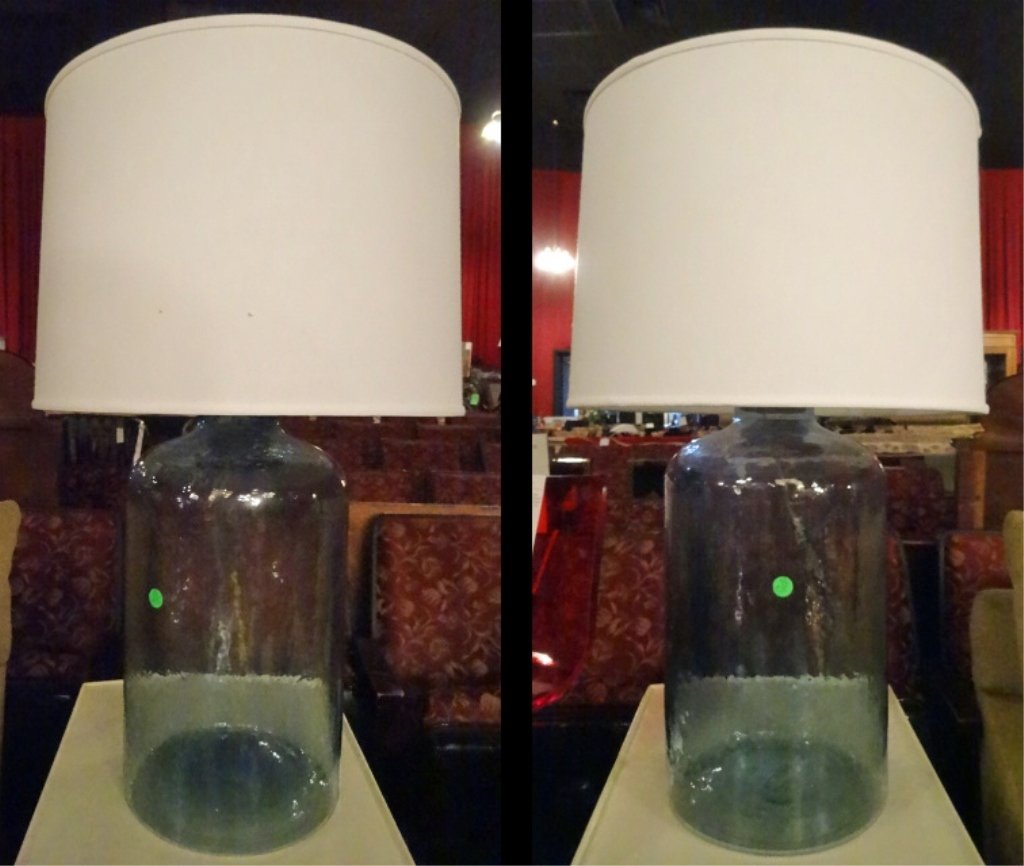 PAIR LARGE GLASS LAMPS, TOP OPENS SO BASE CAN BE FILLED (1 of 5)