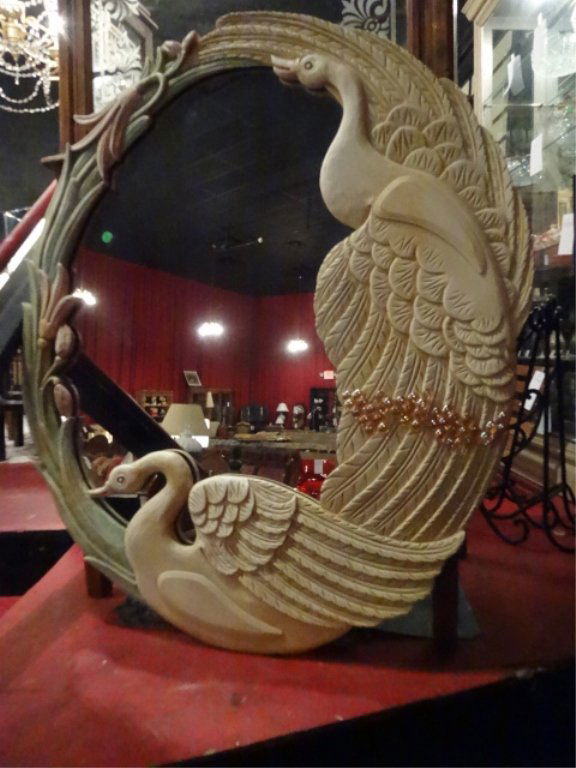 CARVED WOOD SWAN MIRROR, 2 SWANS WITH APPLIED GLASS (1 of 5)