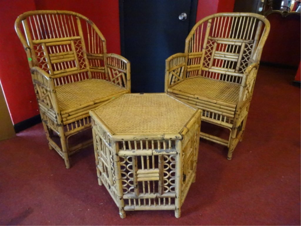 3 PC SET PAIR BAMBOO ARMCHAIRS AND TABLE WITH HEXAGONAL (1 of 10)