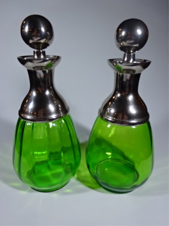 2 GREEN GLASS AND CHROME DECANTERS WITH LIDS, VERY GOOD (1 of 2)