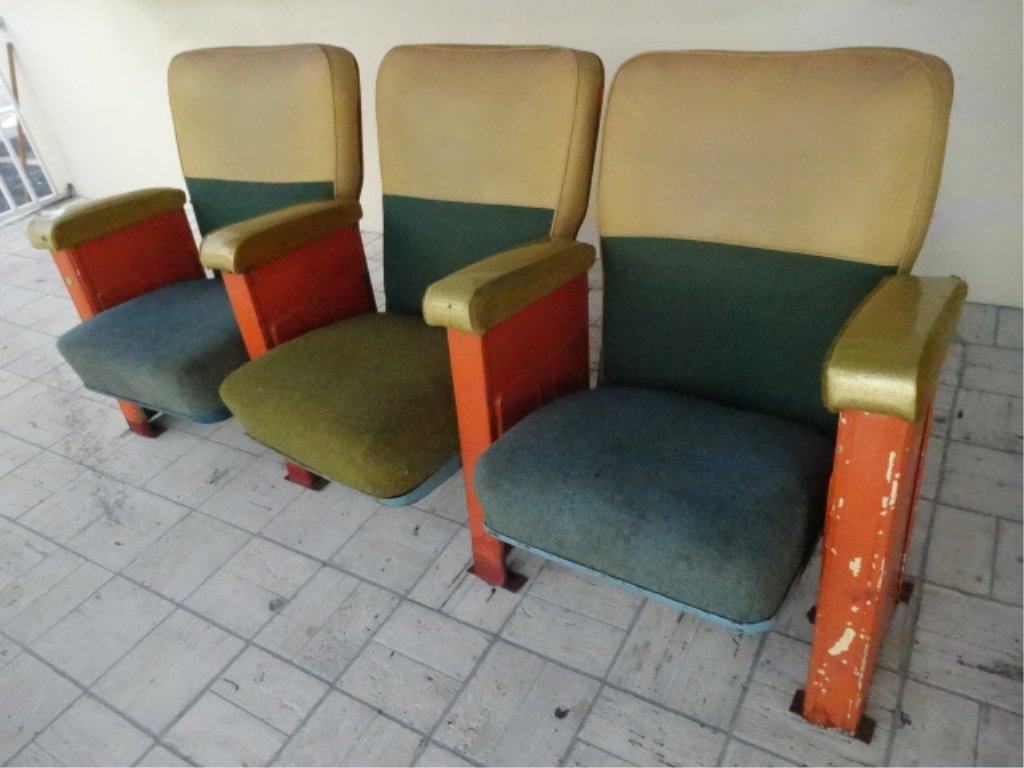3 VINTAGE MOVIE THEATER SEATS, GATEWAY CINEMA FT: 3 VINTAGE MOVIE THEATER SEATS, GATEWAY CINEMA FT LAUDERDALE FLORIDA, NOT RESTORED, FAIR CONDITION, SOLD AS IS, SKU829.02