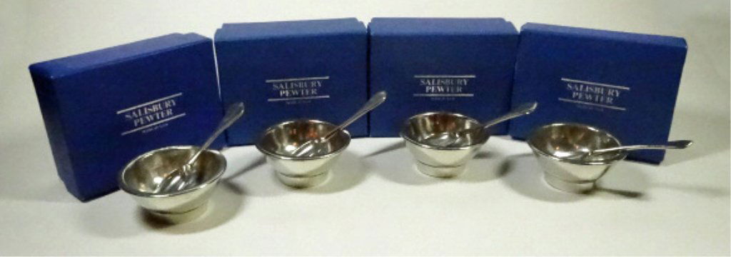 4 PC SALISBURY PEWTER SALTS, WITH SPOONS & ORIGINAL (1 of 6)